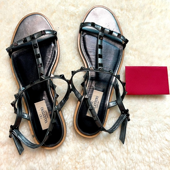 Valentino Shoes - Valentino Rock Stud Gladiator dark gray gunmetal flat Sandals 37.5 AUTHENTIC